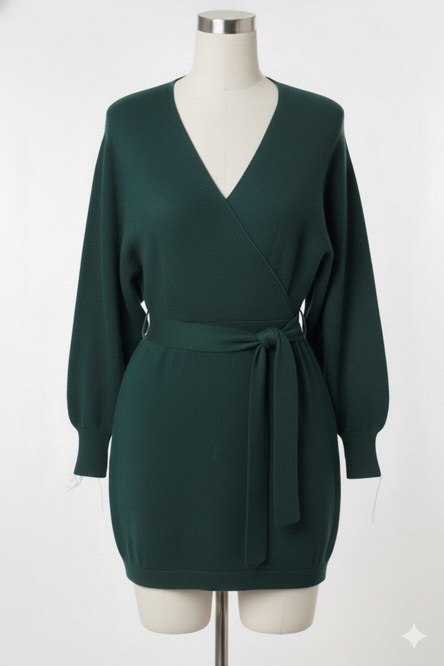 Zonsaoja Holiday Sexy Knit Sweater Mini Dress V Neck Dark Green Long Sleeve L